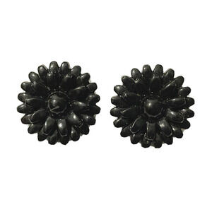 vtg clip on earrings flower black beaded plastic brass colored back and clip mcm